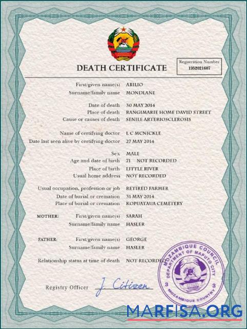 Bearbeitbar Mosambik vital record Tod Zertifikat PSD Vorlage