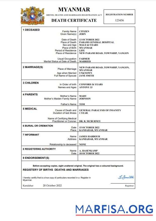 Hohe Qualität Myanmar Tod Zertifikat Word and PDF Vorlage