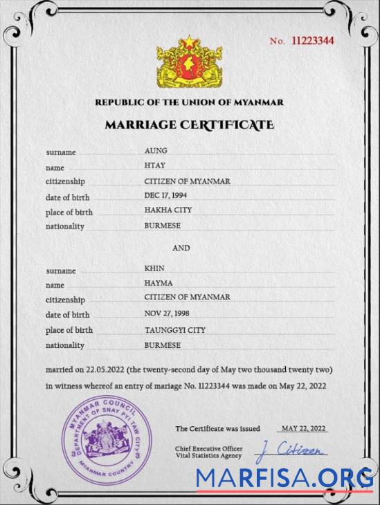 Hohe Qualität Myanmar Ehe Zertifikat PSD Vorlage