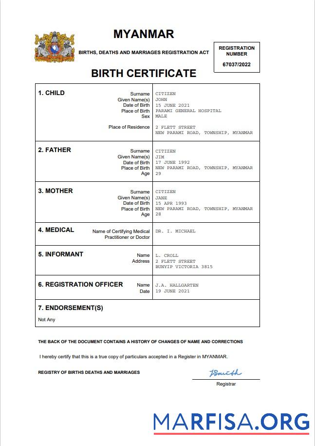 Bearbeitbar Myanmar vital record Geburt Zertifikat Word and PDF Vorlage