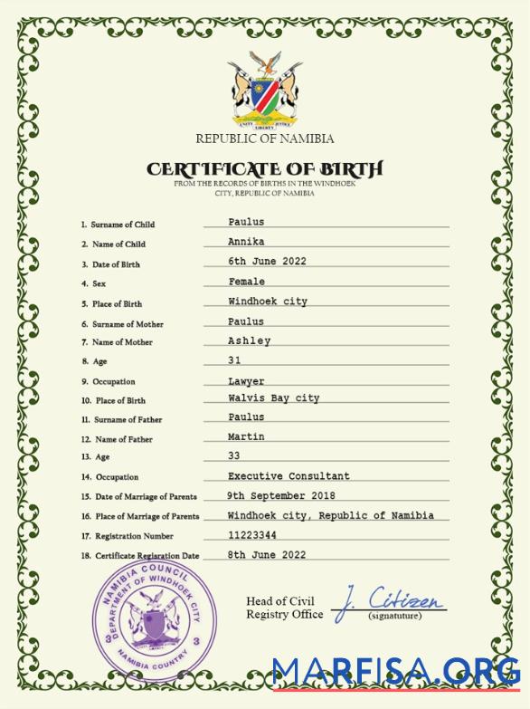 Premium Namibia vital record Geburt Zertifikat PSD Vorlage