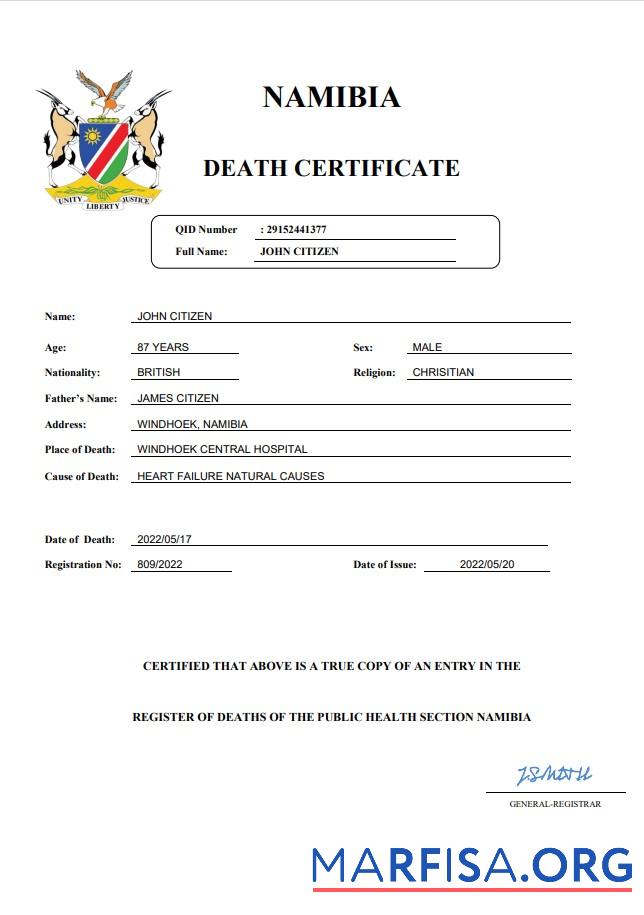 Hohe Qualität Namibia vital record Tod Zertifikat Word and PDF Vorlage
