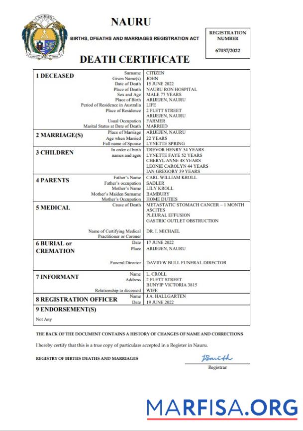 Premium Nauru Tod Zertifikat Word and PDF Vorlage