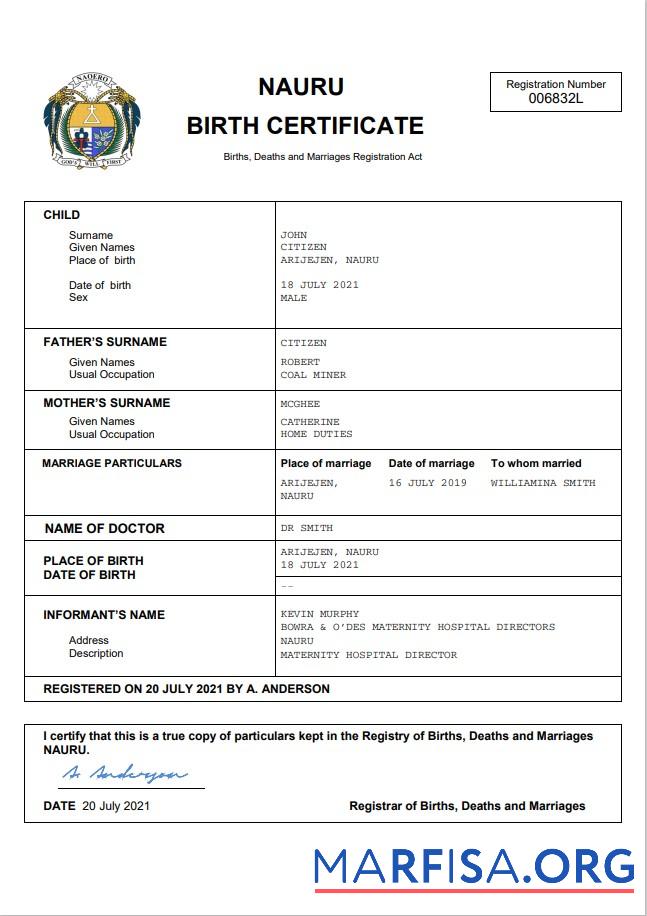 Hohe Qualität Nauru vital record Geburt Zertifikat Word and PDF Vorlage