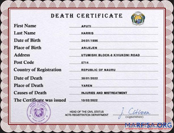 Bearbeitbar Nauru vital record Tod Zertifikat PSD Vorlage