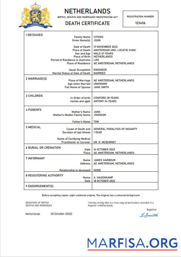 Premium Niederlande vital record Tod Zertifikat Word and PDF Vorlage
