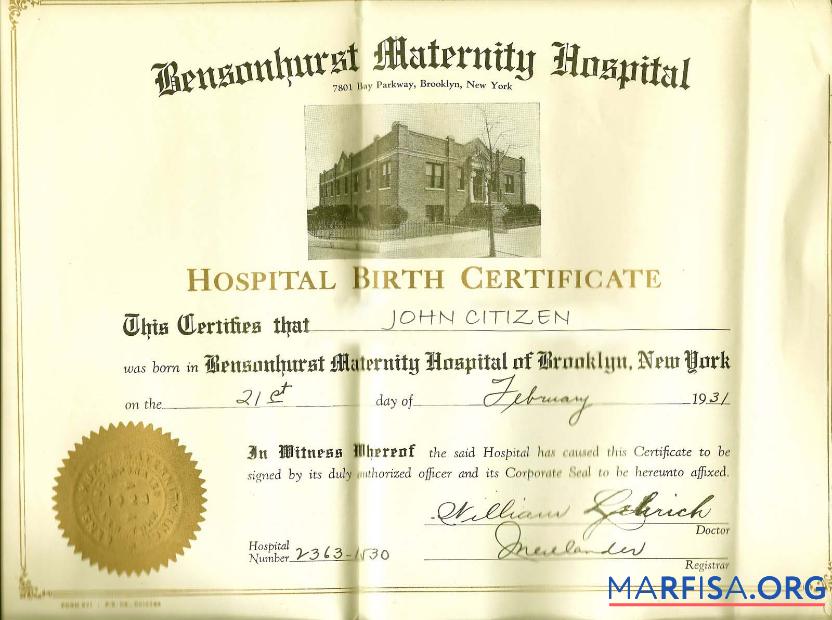 Neu York Bensonhurst Maternity hospital Geburt Zertifikat Vorlage