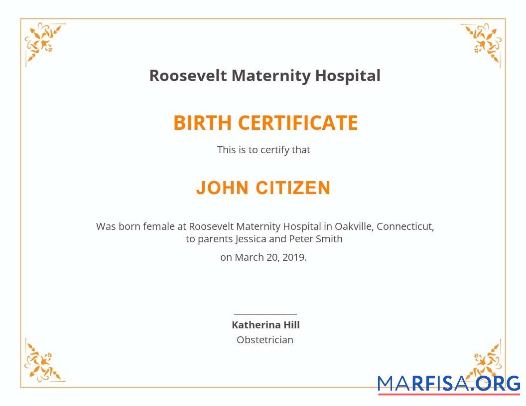 Neu York Roosvelt Maternity hospital Geburt Zertifikat Probe