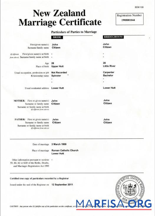 Neuseeland Registrar of births, deaths & marriages Ehe Zertifikat Design