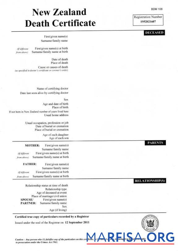 Neuseeland Registrar office Tod Zertifikat Mockup
