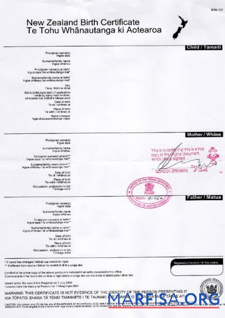 Neuseeland Registry office Geburt Zertifikat Vorschau