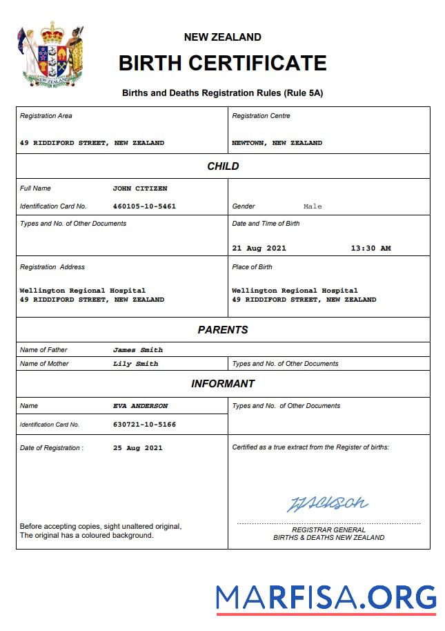 Hohe Qualität Neuseeland Geburt Zertifikat Word and PDF Vorlage