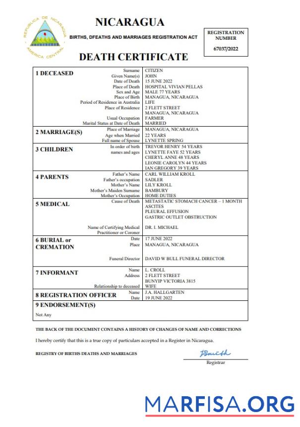 Professionell Nicaragua vital record Tod Zertifikat Word and PDF Vorlage