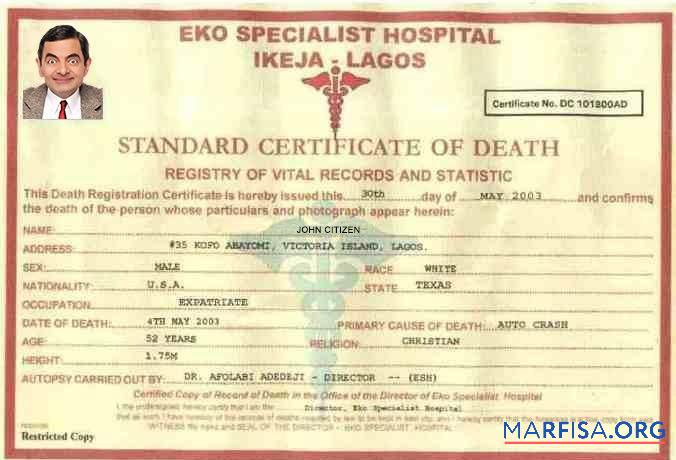Nigeria Eko specialist hospital Tod Zertifikat Design