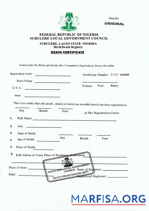 Nigeria Sugulere local government council Tod Zertifikat Vorlage