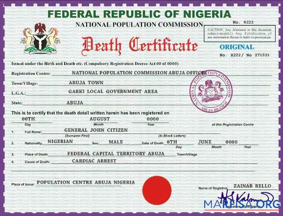 Premium Nigeria vital record Tod Zertifikat PSD Vorlage, Version 2