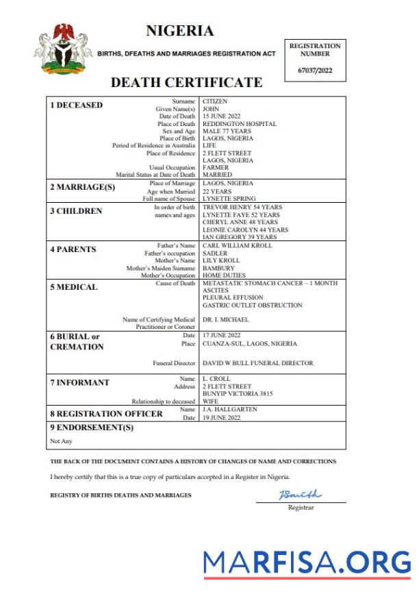 Bearbeitbar Nigeria vital record Tod Zertifikat Word and PDF Vorlage