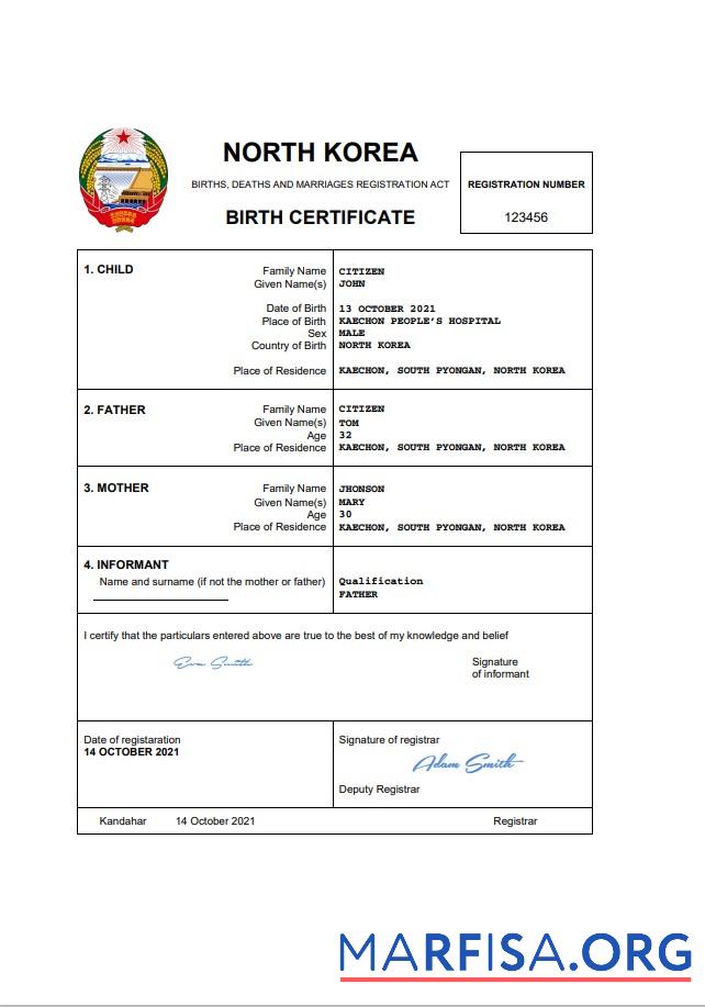 Realistisch Nordkorea Geburt Zertifikat Word and PDF Vorlage