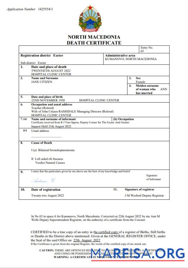 Bearbeitbar Nordmazedonien Tod Zertifikat Word and PDF Vorlage