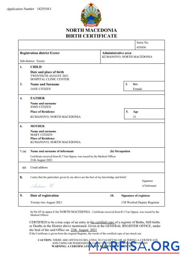 Realistisch Nordmazedonien vital record Geburt Zertifikat Word and PDF Vorlage