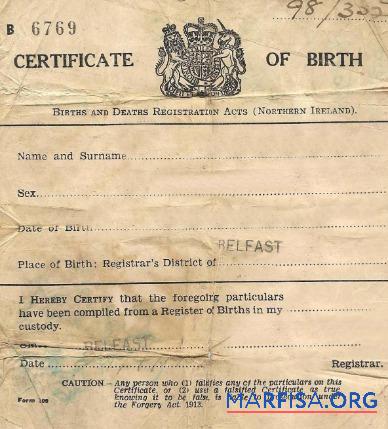 Nordirland Registrar of Births and Deaths Geburt Zertifizierung Vorlage