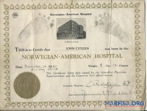 Norwegen Norwegian American hospital Geburt Zertifikat Mockup