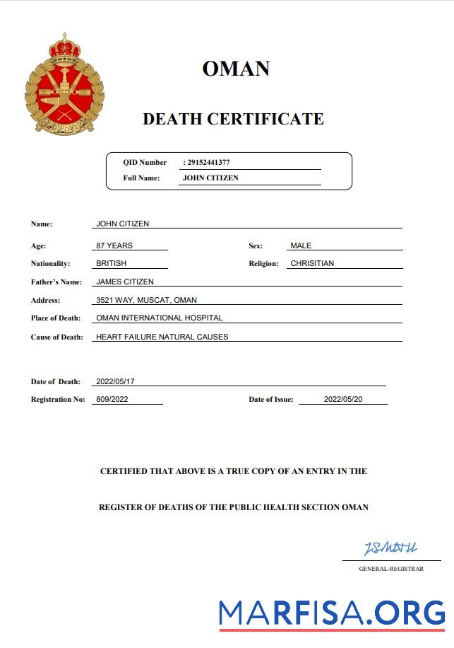 Professionell Oman vital record Tod Zertifikat Word and PDF Vorlage
