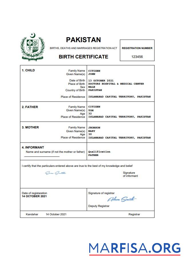 Realistisch Pakistan vital record Geburt Zertifikat Word and PDF Vorlage, completely Bearbeitbar