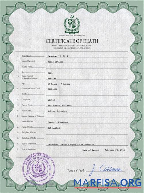 Bearbeitbar Pakistan vital record Tod Zertifikat PSD Vorlage