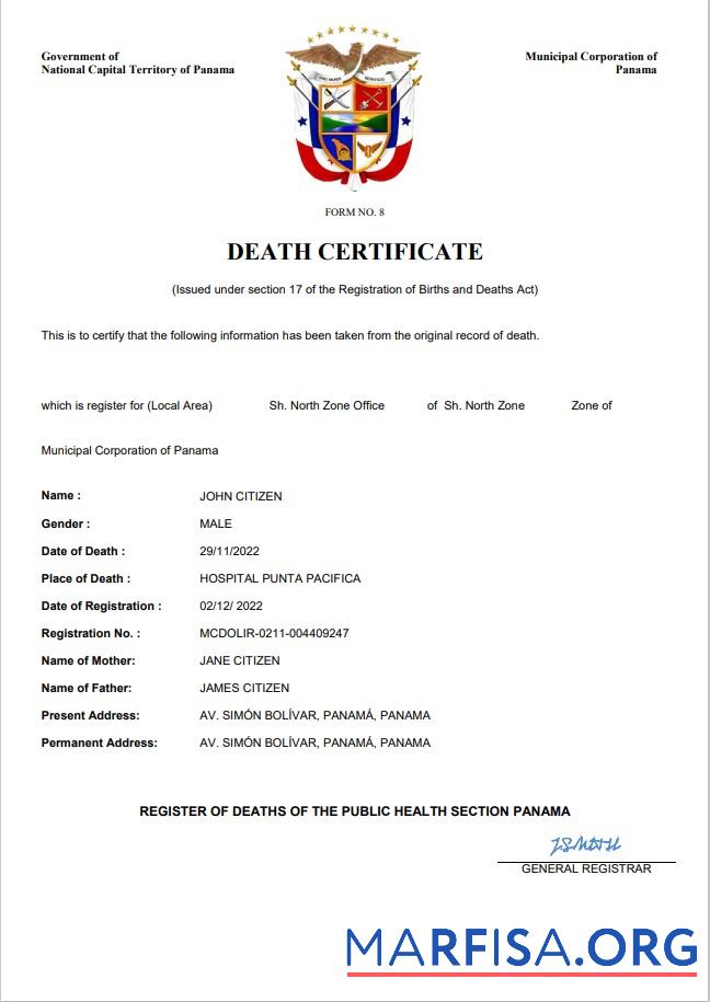 Realistisch Panama Tod Zertifikat Word and PDF Vorlage