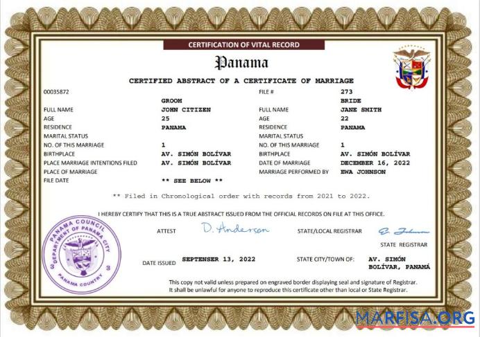 Bearbeitbar Panama Ehe Zertifikat Word and PDF Vorlage