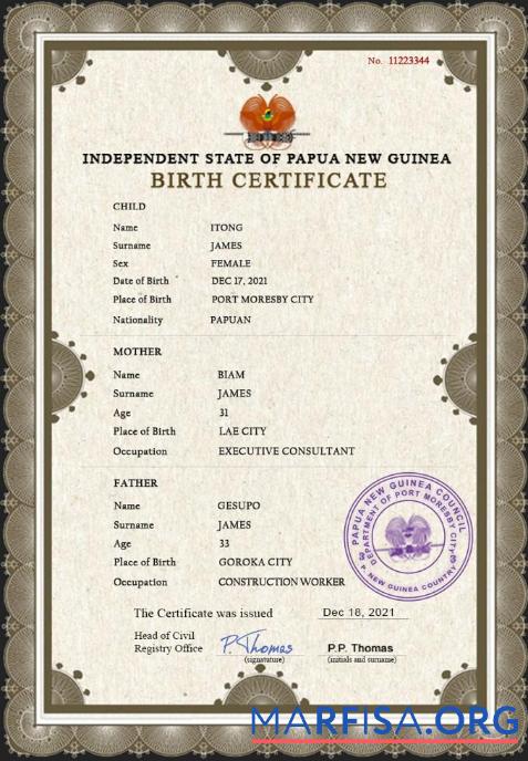 Professionell Papua-Neuguinea Geburt Zertifikat PSD Vorlage