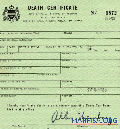 Pennsylvania Departments of records Tod Zertifikat Vorschau
