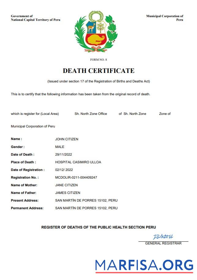 Hohe Qualität Peru vital record Tod Zertifikat Word and PDF Vorlage