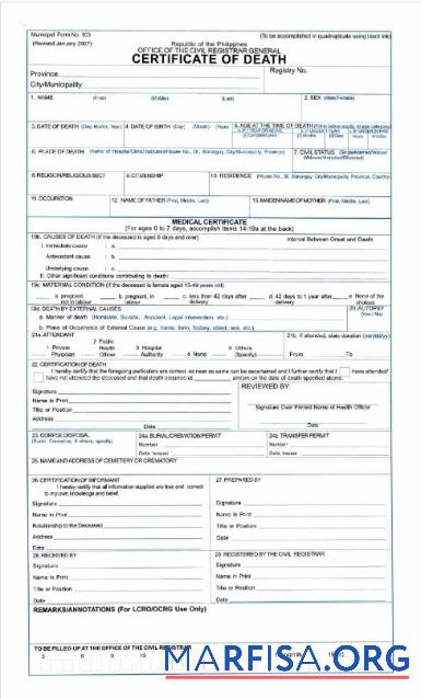 Philippinen Office of civil registrar general Tod Zertifikat Vorschau