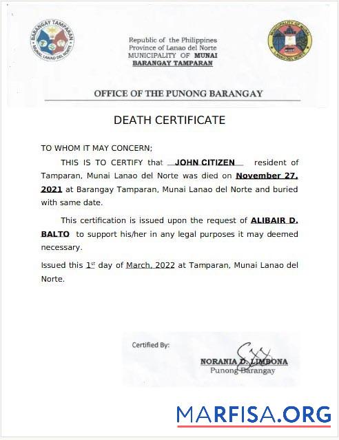 Philippinen Office of the Punong Barangay Tod Zertifikat Vorlage