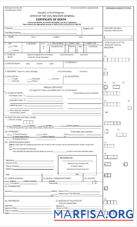 Philippinen Office of the civil register general Tod Zertifikat Probe