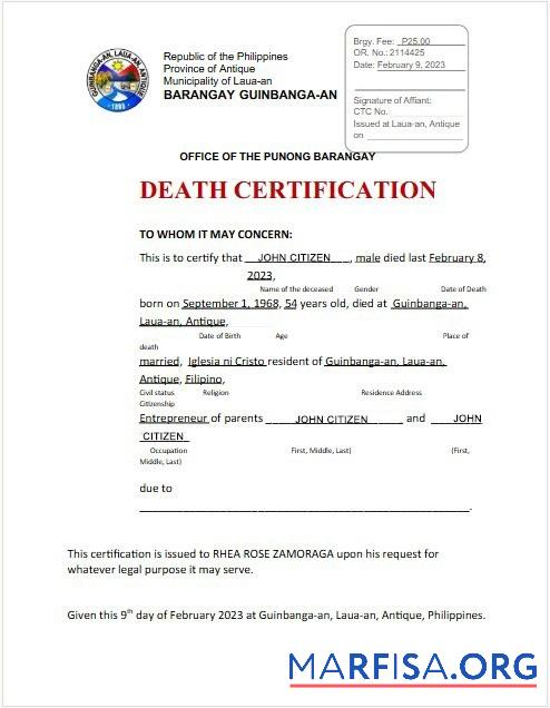 Philippinen municipality of Laua an Office of the Punong Barangay Tod Zertifikat Vorlage