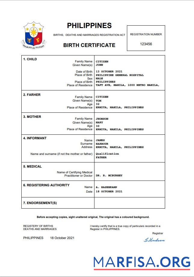 Professionell Philippinen vital record Geburt Zertifikat Word and PDF Vorlage