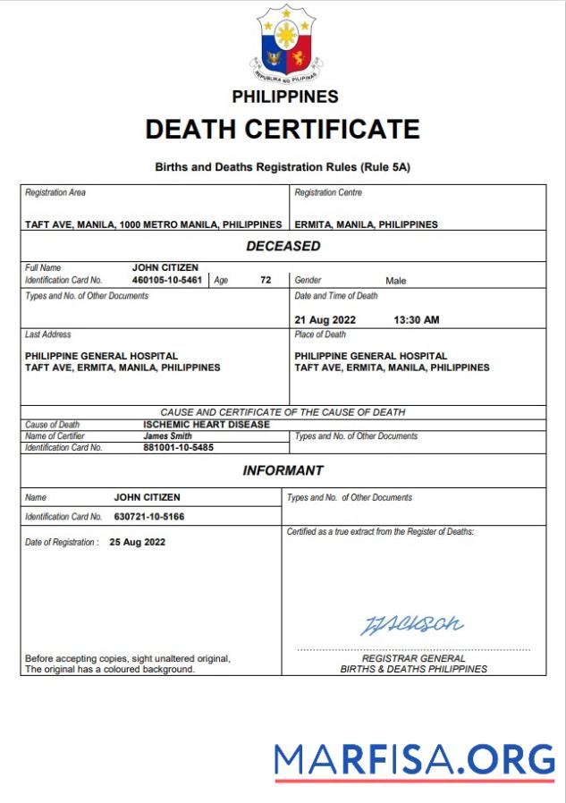 Hohe Qualität Philippinen vital record Tod Zertifikat Word and PDF Vorlage