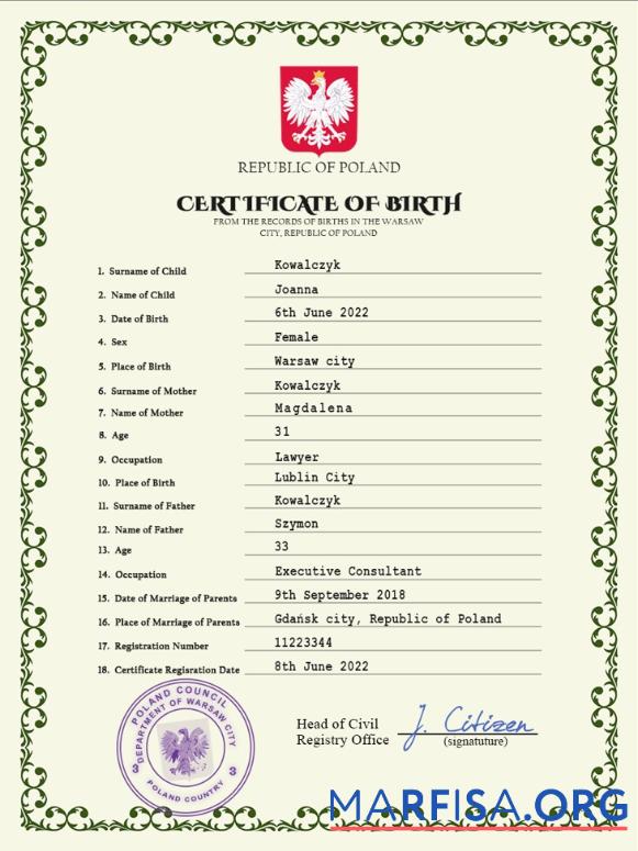 Bearbeitbar Polen vital record Geburt Zertifikat PSD Vorlage,
