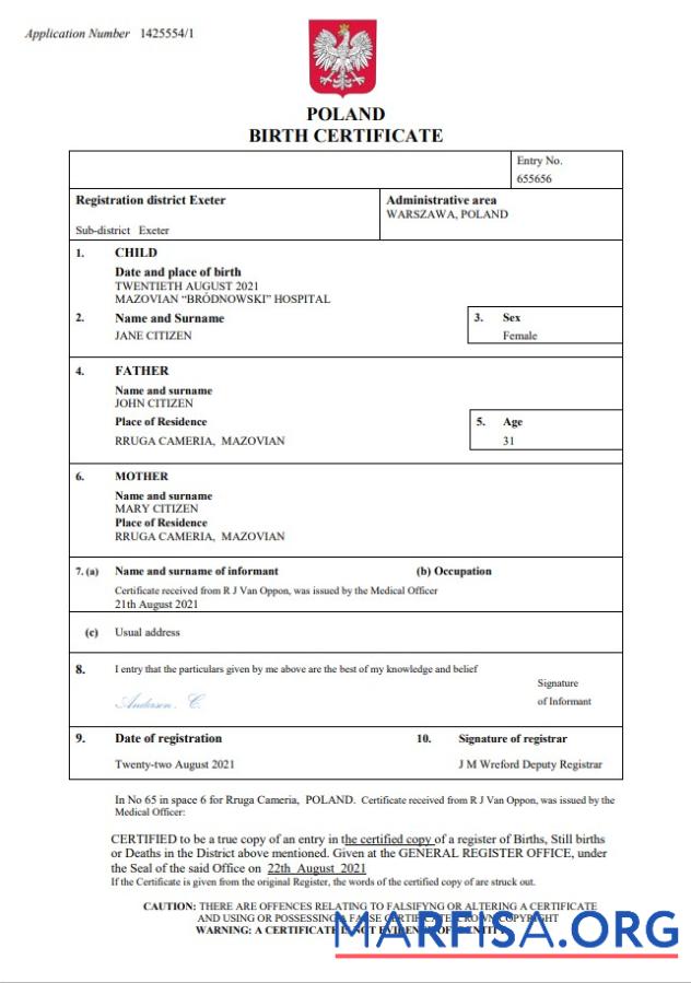 Hohe Qualität Polen vital record Geburt Zertifikat Word and PDF Vorlage
