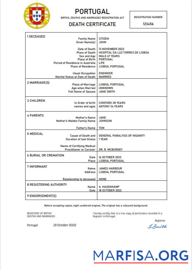 Hohe Qualität Portugal Tod Zertifikat Word and PDF Vorlage