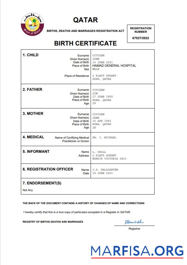 Realistisch Katar vital record Geburt Zertifikat Word and PDF Vorlage