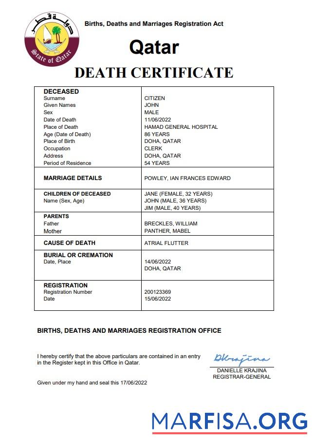 Professionell Katar vital record Tod Zertifikat Word and PDF Vorlage