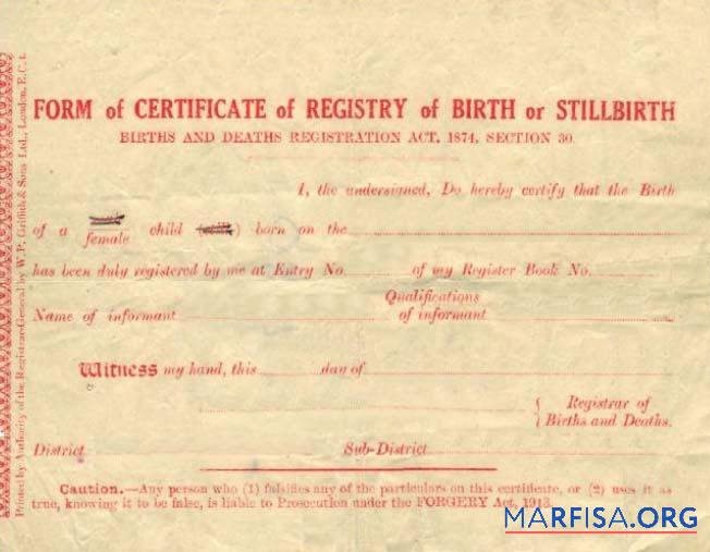Registrate of Births and Deaths Zertifikat of Geburt or stillbirth Vorlage