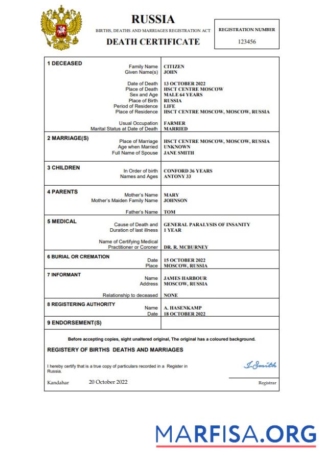 Hohe Qualität Russland Tod Zertifikat Word and PDF Vorlage