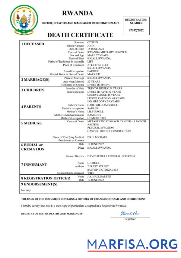 Realistisch Ruanda vital record Tod Zertifikat Word and PDF Vorlage
