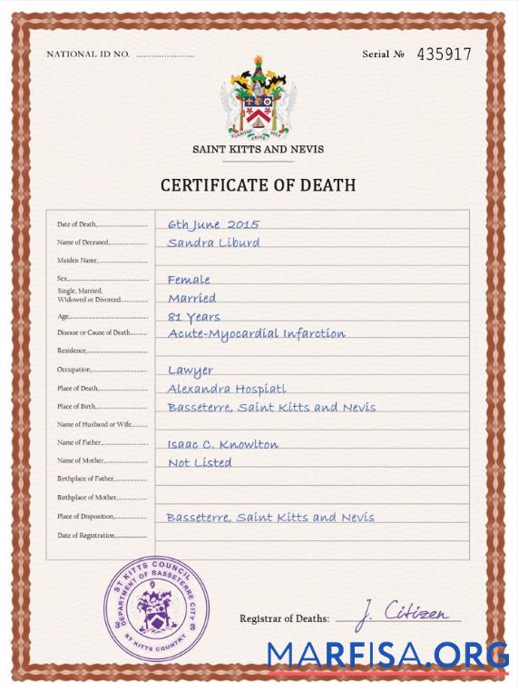 Professionell Saint Kitts and Nevis Tod Zertifikat PSD Vorlage