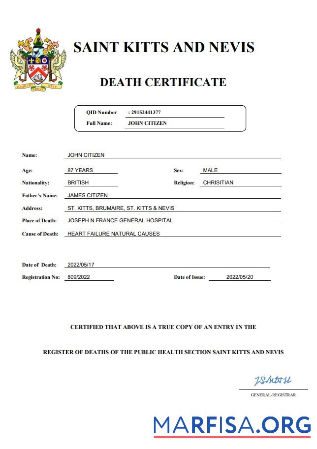 Professionell Saint Kitts and Nevis vital record Tod Zertifikat Word and PDF Vorlage